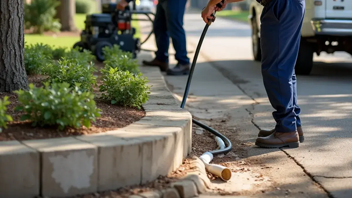 Plumber running a drain cable into a yard cleanout at a Georgetown TX home