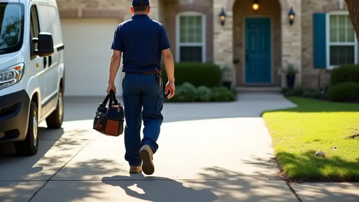 Plumber arriving at a limestone ranch home in Georgetown TX with a tool bag